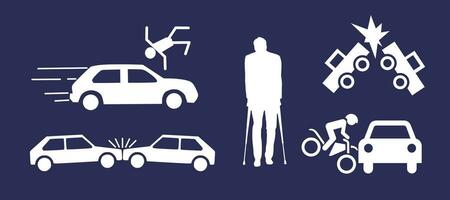ícones representando carro acidentes, rendido dentro Sombrio e branco vetor ilustrações.