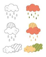 conjunto com nuvem, chuva e Sol. Preto e branco e cor clipart vetor ilustração.