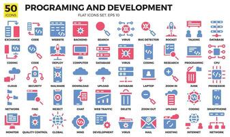 programação e desenvolvimento plano dois cor ícones definir. a coleção inclui do o negócio desenvolvimentos, programação , rede design, aplicativo Projeto e mais. vetor