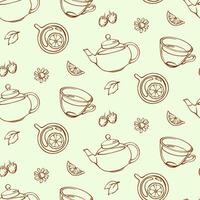 ervas chá linha desatado padronizar. mão desenhado impressão Projeto com esboço bule de chá, copos, folhas, bagas, limão e camomila em bege fundo. vetor