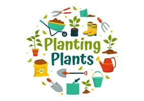 plantio plantas vetor ilustração com pessoas apreciar jardinagem, plantar, rega ou escavação dentro a jardim dentro plano crianças desenho animado fundo Projeto