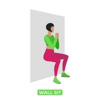 vetor mulher fazendo parede sentar. peso corporal ginástica pernas estático exercite-se exercício. a educacional ilustração em uma branco fundo.