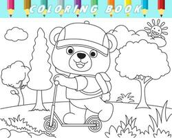 coloração livro do fofa Urso de pelúcia Urso equitação pontapé lambreta em árvores fundo. vetor desenho animado ilustração