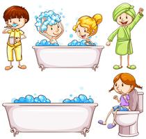 Crianças, escovar, dentes, e, levando, banho vetor