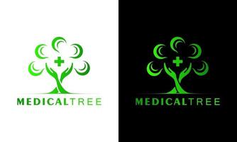 Gráfico de ilustração vetorial do logotipo médico de árvore de folha de mão natural vetor