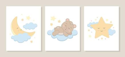 fofa crianças cartazes com uma Urso filhote dormindo em uma nuvem, uma lua, nuvens e estrelas. Projeto para poster, convite, crianças festa, aniversário festa, têxtil vetor