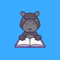 hipopótamo fofo lendo um livro. conceito de desenho animado animal. vetor
