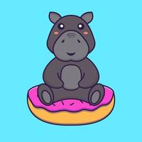 hipopótamo fofo está sentado em donuts. conceito de desenho animado animal. vetor