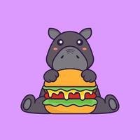 hipopótamo fofo comendo hambúrguer. conceito de desenho animado animal. vetor