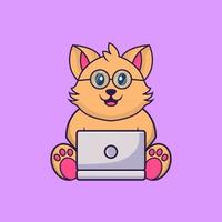 gato bonito usando laptop. vetor