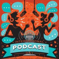 conceito de dia internacional de podcast com entrevista de silhueta de desenho animado