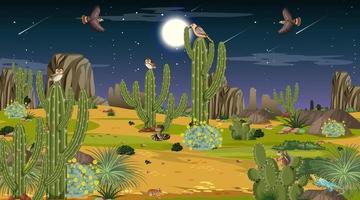 paisagem da floresta do deserto à noite com animais e plantas do deserto vetor