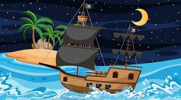 oceano com navio pirata na cena noturna em estilo cartoon vetor