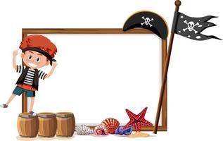 um personagem de desenho animado do menino pirata com um modelo de banner em branco vetor