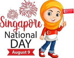 banner do dia nacional de Cingapura com uma garota muçulmana segurando bandeira de Cingapura vetor