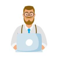avatar homem com óculos de barba e desenho vetorial de laptop vetor