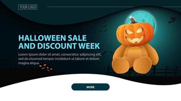 venda de halloween e semana de desconto, banner web horizontal moderno com paisagem noturna em segundo plano vetor