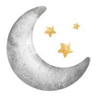 lua com estrelas. cinzento crescente lua. fofa bebê aguarela ilustração. isolado. Projeto para logotipo, criança bens, roupas, têxteis, cartões postais, bebê chuveiro e crianças quarto vetor