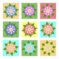 um conjunto de belas flores coloridas em quadrados azuis, amarelos, verdes e laranja. isolado no fundo branco. nove opções. adequado para design. vetor