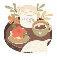 leite e café em a de madeira bandeja, com framboesa Bolinho. acolhedor outono manhã café da manhã conceito. vetor