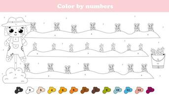cor de números página com fofa espantalho e colheita - cenouras e beterraba raízes, imprimível planilha para crianças vetor