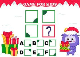 imprimível Natal temático jogos para crianças com yeti personagem com presente caixas tentando para encontrar responda para iq teste vetor