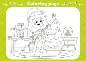 fofa coloração página com kawaii yeti ou pé Grande decoração Natal árvore com festão vetor