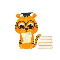 fofa tigre animal personagem pegue uma para teste, educacional ilustração para crianças, pré-escolar lendo livros dentro desenho animado estilo vetor