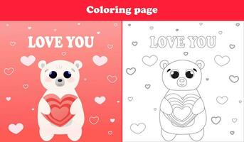 imprimível planilha com coloração página para namorados dia com fofa Urso personagem segurando coração doce e amor texto vetor