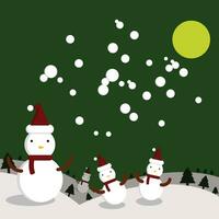 Natal festival, boneco de neve, queda neve, luar, vetor ilustração, cumprimento cartão