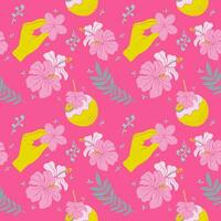 mão desenhado coco, hibisco e tropical flores desatado padronizar. texturizado linóleo cortar estilo verão ilustrações pano de fundo. brincalhão fofa brilhante amarelo e Rosa cores papel de parede. vetor