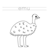 vestígio a cartas e cor desenho animado emu. caligrafia prática para crianças. vetor