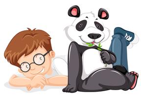 Um panda e um menino no fundo branco vetor