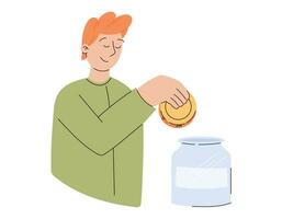 salvando dinheiro conceito. desenho animado homem colocando uma ouro moeda para dentro uma jar. vetor isolado plano ilustração, pessoas lidando com finança.