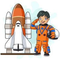 astronauta dos desenhos animados segurando o capacete com nave espacial pronta para lançar vetor
