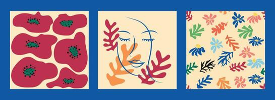 moderno na moda Matisse flor mínimo estilo. conjunto do 3 Matisse inspirado parede arte cartazes, folheto, folheto modelos vetor