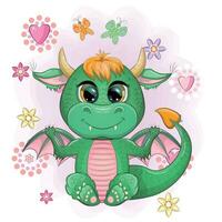 fofa desenho animado verde bebê Dragão com chifres e asas. símbolo do 2024 de acordo com para a chinês calendário. engraçado mítico monstro réptil vetor