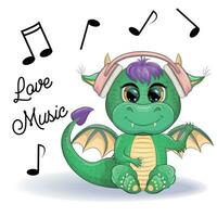fofa desenho animado verde Dragão dentro fones de ouvido escuta para música. símbolo do 2024 de acordo com para a chinês calendário. vetor