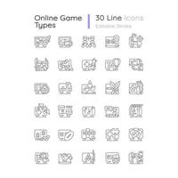 conjunto de ícones lineares de tipos de jogos online vetor