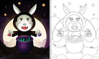 livro para colorir com um coelho fofo usando fantasia de bruxa halloween vetor