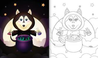 livro para colorir com um lobo fofo usando fantasia bruxa de halloween vetor
