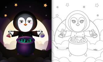 livro para colorir com um pinguim fofo usando fantasia de bruxa halloween vetor