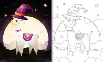 livro para colorir com um desenho fofo de halloween bruxa alpaca vetor