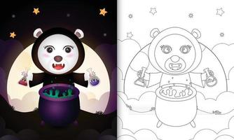 livro para colorir com um urso polar fofo usando fantasia de bruxa halloween vetor