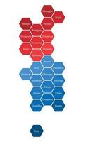 mapa político das coreias do norte e sul dividido pela geometria do hexágono colorido do estado. vetor