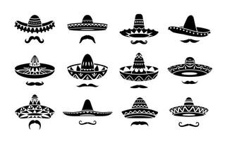 mexicano sombrero chapéus e bigodes vetor ícones