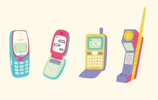 conjunto com retro Móvel telefone dispositivos. Móvel telefones com botões. fofa e à moda a partir de anos 90. mão desenhado vetor ilustração. vintage eletrônicos. giro telefone