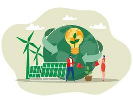 verde limpar \ limpo energia conceito ,pessoas com ambientalmente amigáveis economia de energia energia, solar painel e vento turbina.dia do a terra vetor ilustração