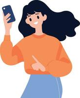 mão desenhado fêmea personagem segurando uma tábua ou Smartphone dentro plano estilo vetor