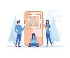 qr código conceito, jovem pessoas digitalização código de barras usando Móvel Smartphone para conectados compras e pagamento. plano vetor moderno ilustração